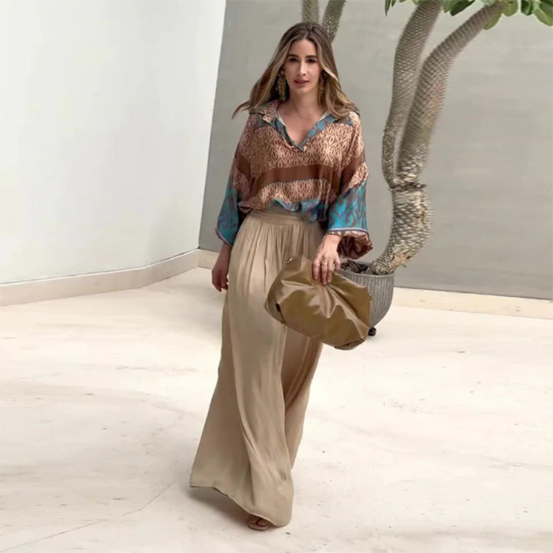 Cleo | Women's Two-Piece Set Wide Leg Pants V-Neck Top