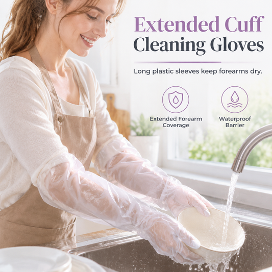 ⏳ 56% OFF! ✨ Disposable Long-Cuff Cleaning Gloves – Extended Sleeve Coverage for Splash-Prone Chores, Lightweight Film Construction, Gathered Cuff Fit & Lower-Forearm Protection – 20/50/100 Pack 🧤