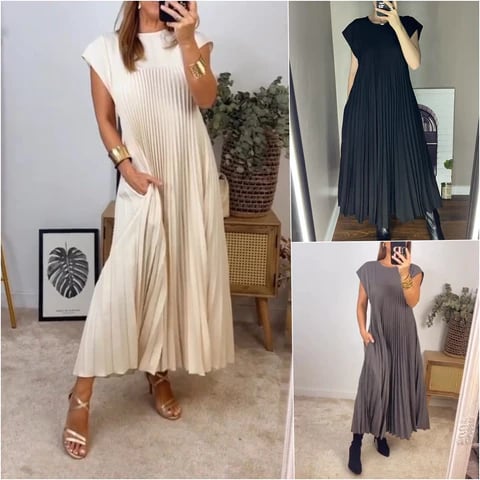 🌸Spring Promotion💖Women Pleated Simple Solid Color Dress