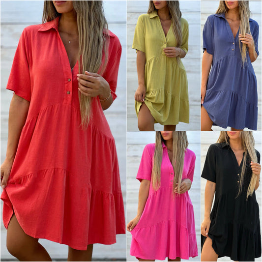 💝Solid color comfort lapel button dress
