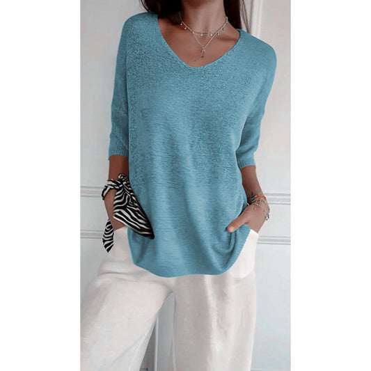 🔥Hot Sale-50% OFF🥰Solid Color Knitted V-neck Top