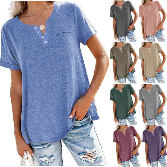 🌈 Solid Color Style Pocket T-Shirt, Short Sleeve Summer New Style