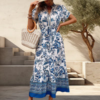 European  blue printed dress, showcase your elegant charm! 🌹✨