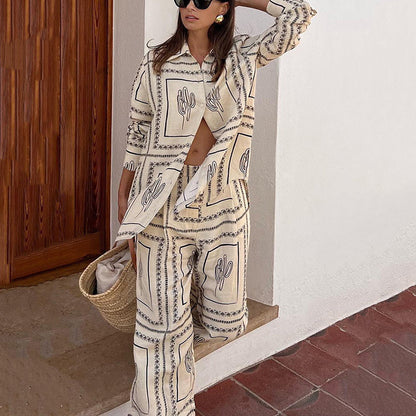 Free shipping! 🎁Women's Geometric Print 2-Piece Set - Shirt and Wide Leg Pants