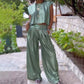🔥Women's shiny loose crop top and wide-leg pants with pockets