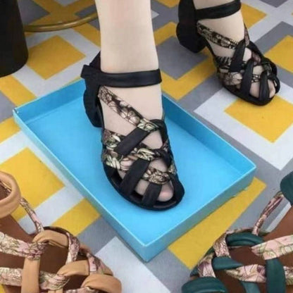 Women's Retro Woven Mid-Heel Sandals