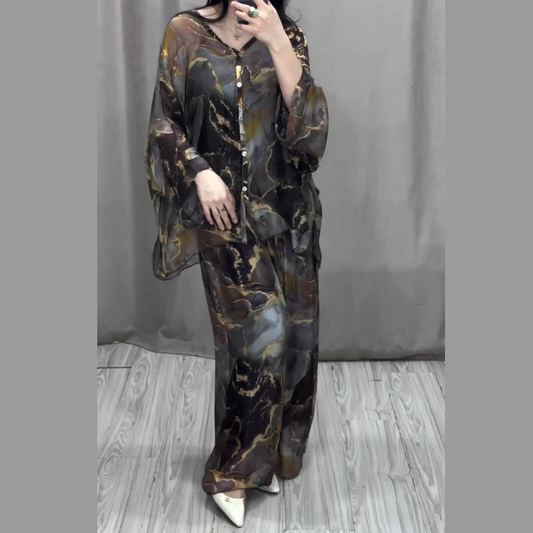 Women 2 Piece Outfits Elegant Printed Top Loose Wide Leg Pants