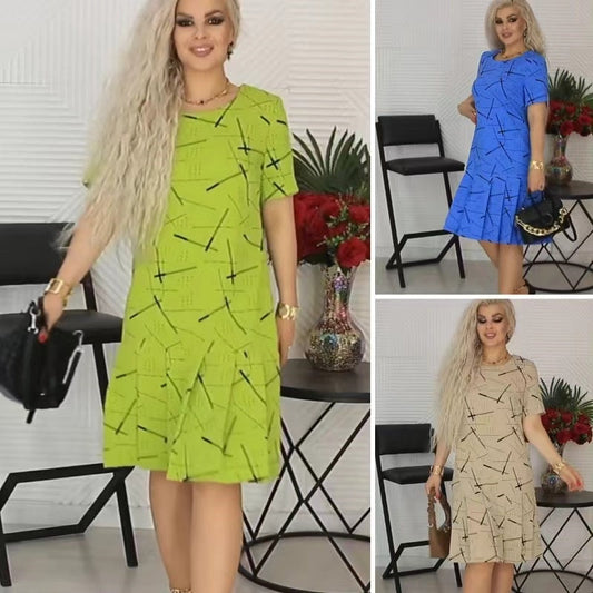 💃Women’s Trendy Print Loose Fit Short Sleeve Pleated Dress