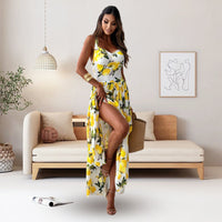 🌷Limited Time Offer 50% OFF🍋Women’s Elegant Lemon Print Spaghetti Strap Flowy Long Dress