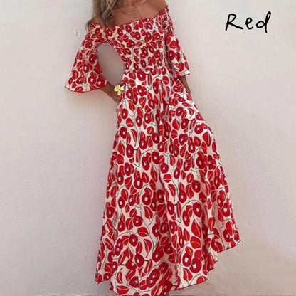 Floral Open Shoulder Flared Sleeves Long Dress