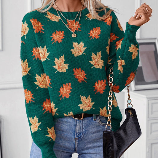 Women's Casual Knit Sweater with Maple Leaf Pattern