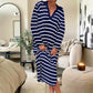 Elegant V-Neck Striped Split Hem Dress