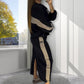 Loose Colorblocking Long Sleeve Top & Split Skirt Set