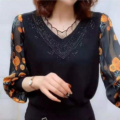 V-Neck Lace Trim Floral Sheer Sleeves Top