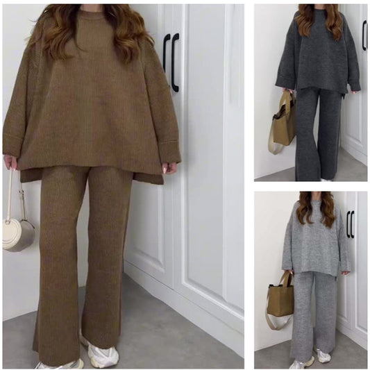 Women’s Casual Oversized Knitted Sweater and Wide-Leg Pants Set