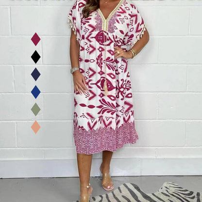 🌸Printed Casual Dress With V-Neckline and Fringes on the Short Sleeves-Buy 2 Get 10% Off