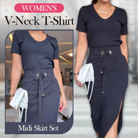 Women's V-Neck T-Shirt & Midi Skirt Set