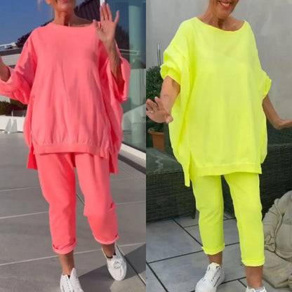 Round neckline slit Fluorescent colour leisure suit for women