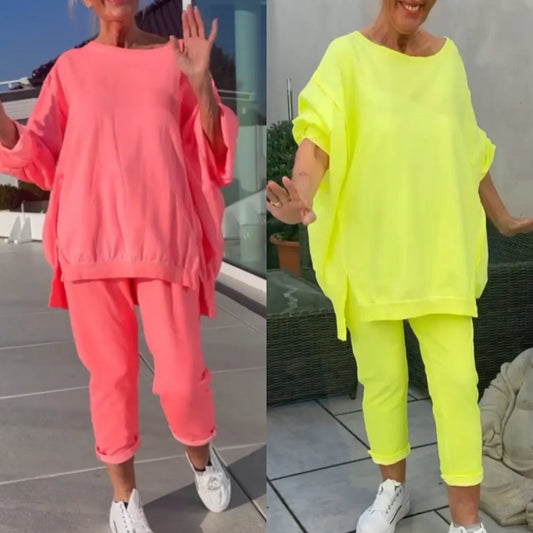 Round neckline slit Fluorescent colour leisure suit for women