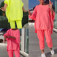 Round neckline slit Fluorescent colour leisure suit for women