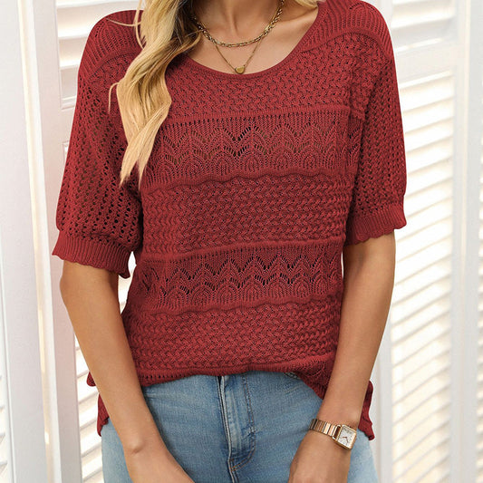 🎉🛍️Hot Sale 49% OFF💋Women's Round Neck Hollow Knit Crochet Short Sleeve Sweater