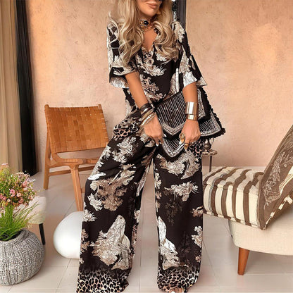 ⏳Time-limited Special⏰Women's Casual Printed V-Neck Top and Long Pants Set