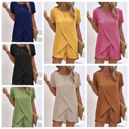 🎁New arrival 50% OFF💥 Women's Solid Color Irregular Top & Shorts Two Piece Set