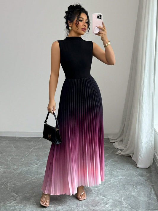⏳Limited-time 50% off⏰Ombre Pleated Sleeveless Mock Neck Maxi Dress❤️