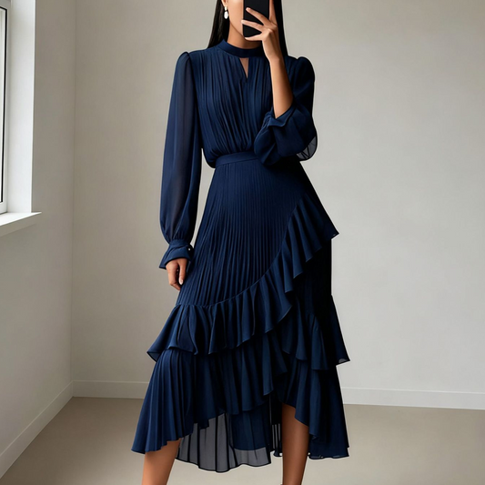 Women's Keyhole Neckline Ruffled Midi Dress