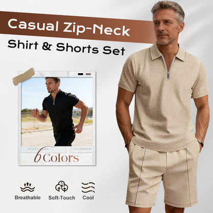 📢📢40% OFF !! ⏰Summer Casual Zip-Neck Shirt & Shorts Set