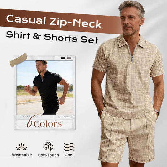 📢📢40% OFF !! ⏰Summer Casual Zip-Neck Shirt & Shorts Set