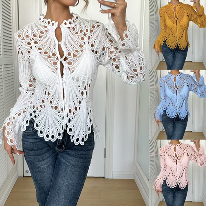 Elegant Hollow-Out Lace Blouse with Bell Sleeves