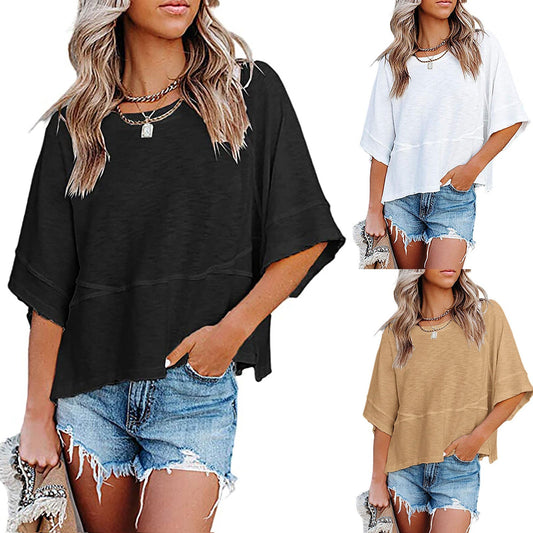 💥Last Week Special Sale 40% OFF👚Women's Solid Color Splicing Loose Five Points Flare Sleeve T-Shirt