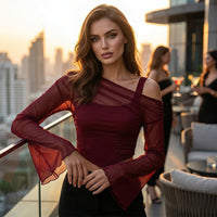 💚2026 New Arrival✨Off Shoulder Ruched Mesh Top with Flare Sleeves