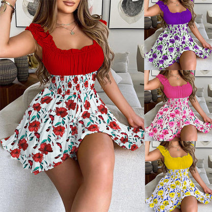 🎁Free Gift 🎁 Summer Floral Print Smocked Waist Mini Dress