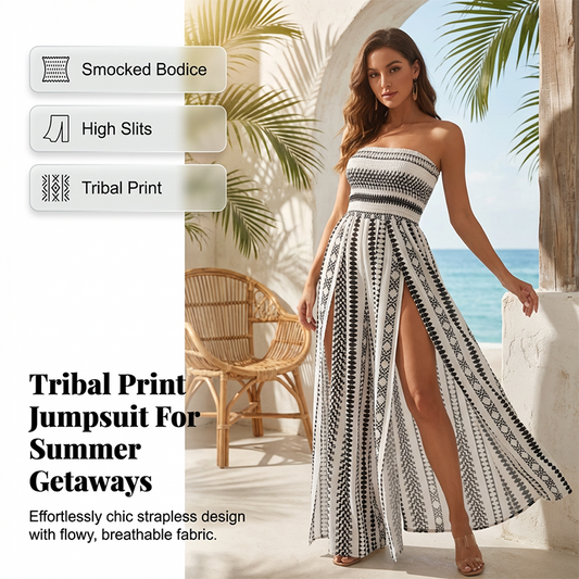 🎁New arrival 50% OFF💥 Geometric Print Smocked Bodice Jumpsuit