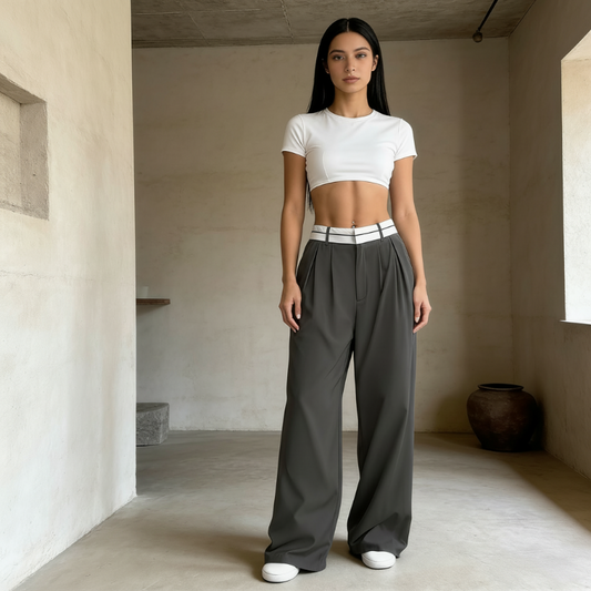 🥳2026 HOT SALE🥳💞50K+ SOLD!🌿 Women's Wide-Leg Suit Pants with Contrast Waistband