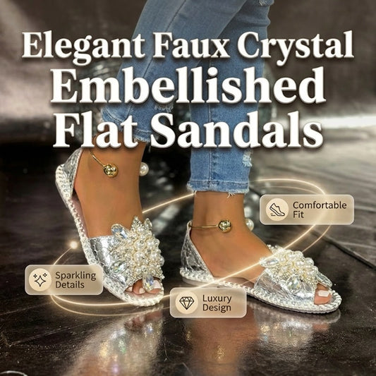 🎁New arrival 50% OFF💥 Faux Pearl & Crystal Embellished Flat Sandals