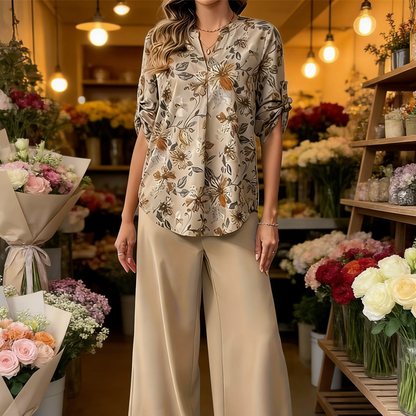 🎁New arrival 50% OFF💥Women's 2-Piece Floral Blouse & Wide-Leg Pants Set