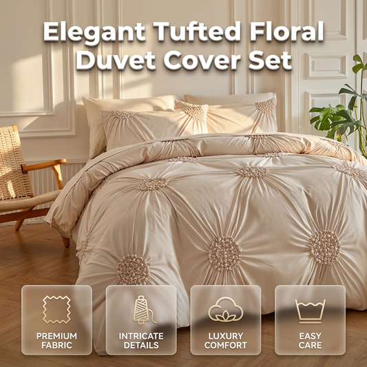🛏️2026 HOT SALE 35000+ Sold 53% OFF! 💤🌙Elegant Tufted Floral Pinch Pleat Duvet Cover Set, Premium Soft Breathable Bedding Set, Stylish Cozy Bedroom Decor with Pillowcases