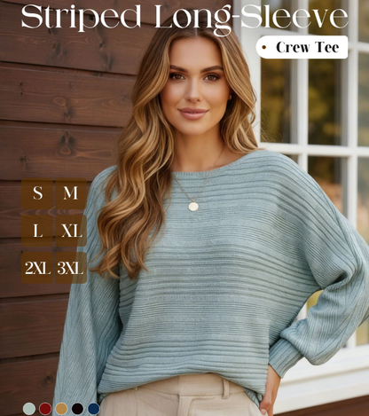 🎁Free Gift With Purchase 🎁 Solid Round-Neck Striped Top with Long Sleeves