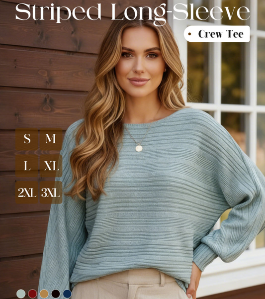 🎁Free Gift With Purchase 🎁 Solid Round-Neck Striped Top with Long Sleeves